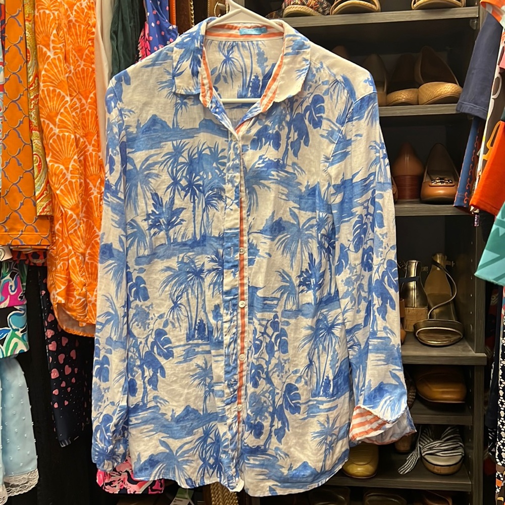 J McLaughlin linen blue white blouse